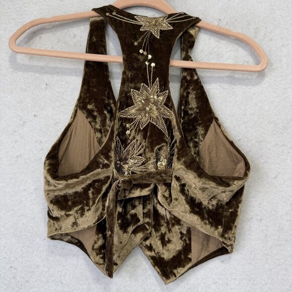 LENNI Vest Womens Medium Brown Velvet Sequin Embroidered Floral Boho Cropped - Picture 6 of 9